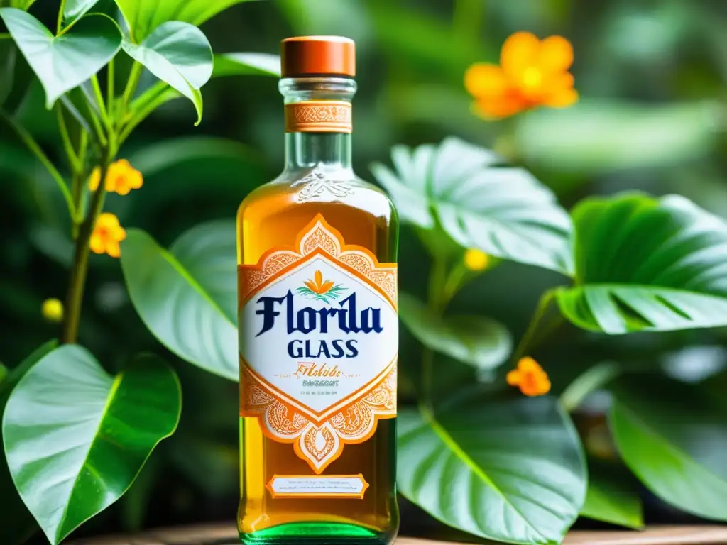 Una botella de Agua de Florida llena de vitalidad, rodeada de naturaleza exuberante, evocando la limpieza energética con Agua de Florida