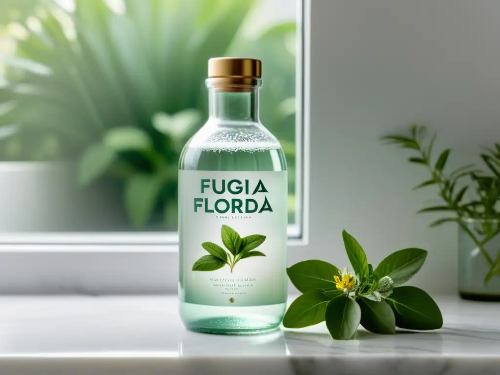Una botella de Agua de Florida reposa sobre un mostrador de mármol blanco, iluminada por suave luz natural