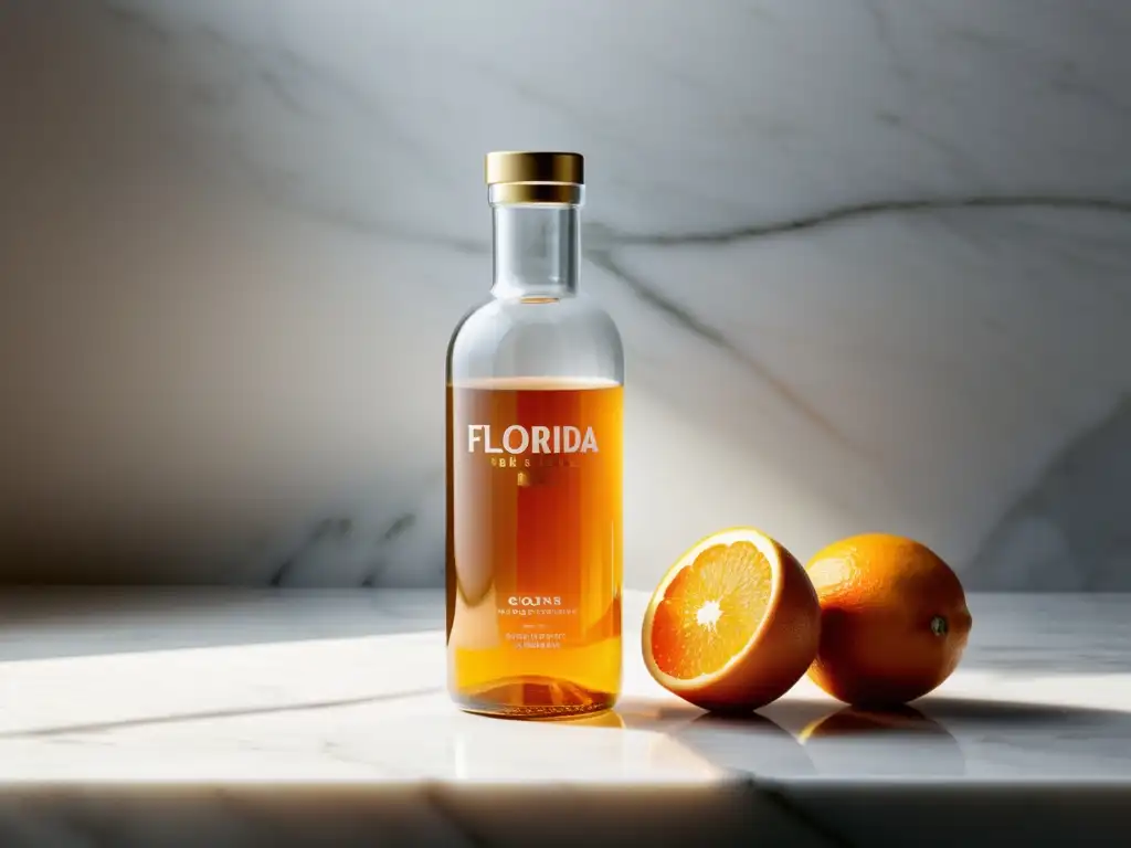 Botella de vidrio con Agua de Florida en mármol blanco, irradiando serenidad y limpieza energética con Agua de Florida