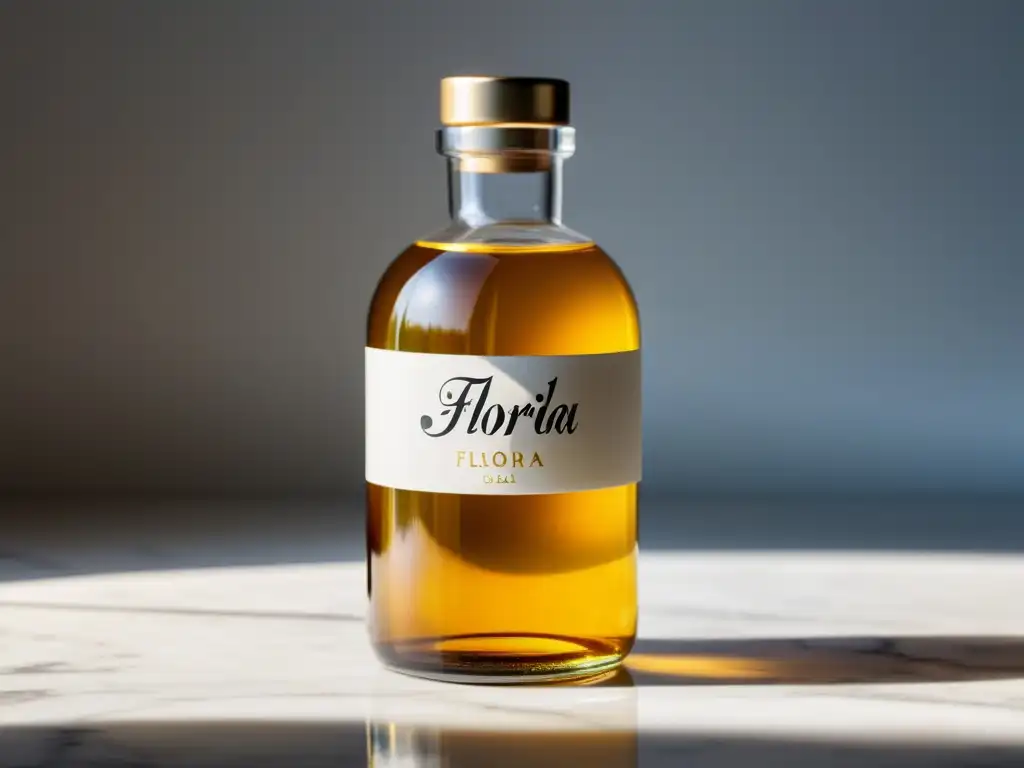 Botella de vidrio con Agua de Florida dorada sobre mármol blanco, emitiendo una sensación de limpieza energética con Agua de Florida