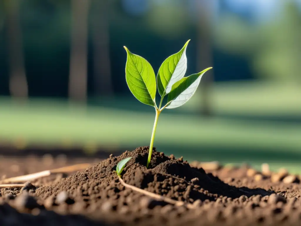 Un brote joven de árbol emerge de la tierra oscura y fértil