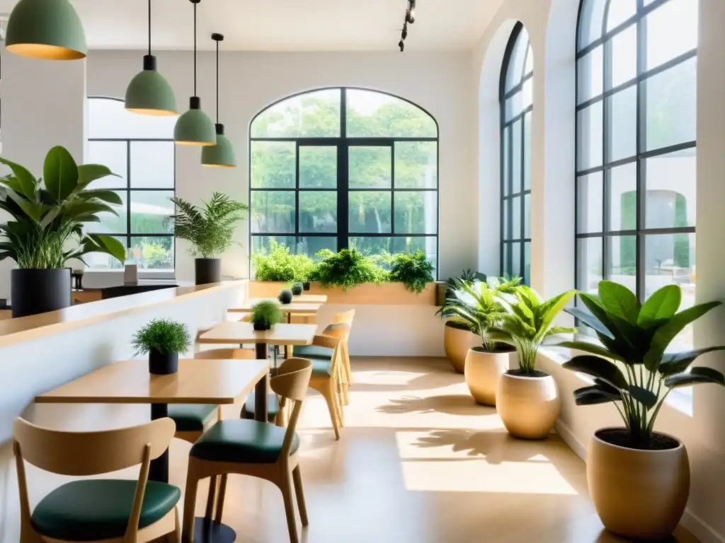 Cafetería minimalista con plantas verdes y luz natural Un café minimalista con plantas altas de Feng Shui, creando armonía y serenidad