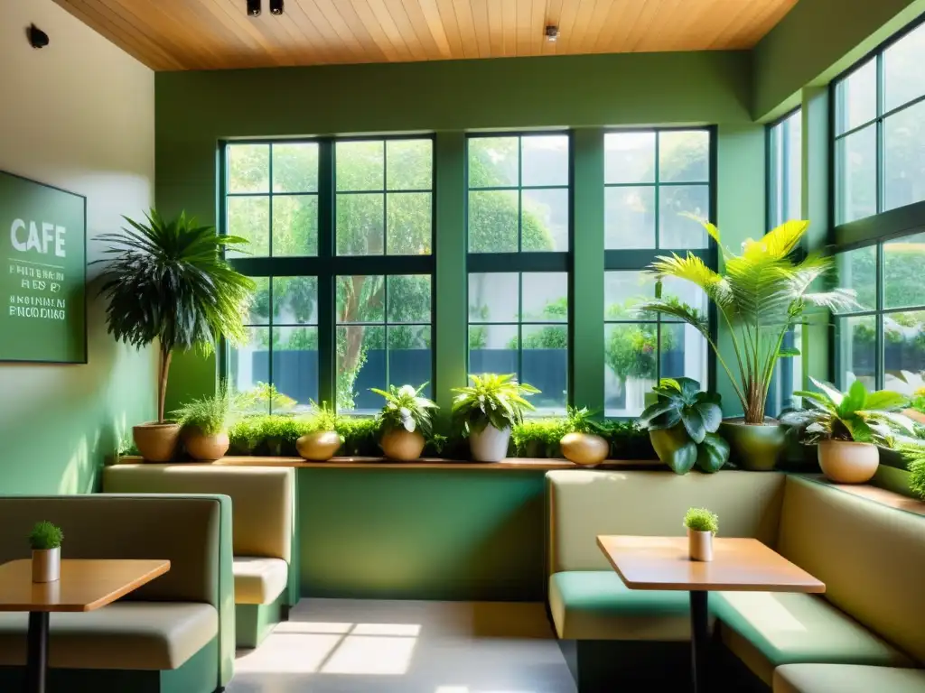 Café sereno y armonioso con plantas exuberantes Un café sereno, iluminado por el sol, con plantas de Feng Shui que crean armonía y tranquilidad