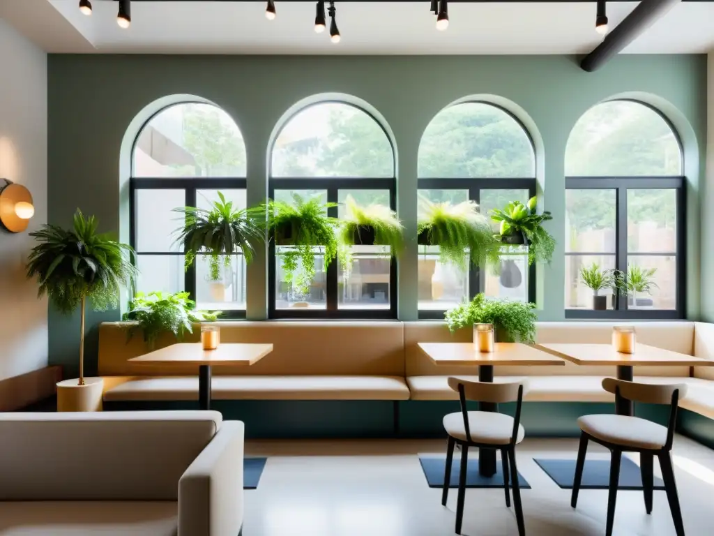 Transformación de cafetería con Feng Shui: Equilibrio y armonía en un espacio sereno y acogedor, con paleta de colores calmantes y diseño natural