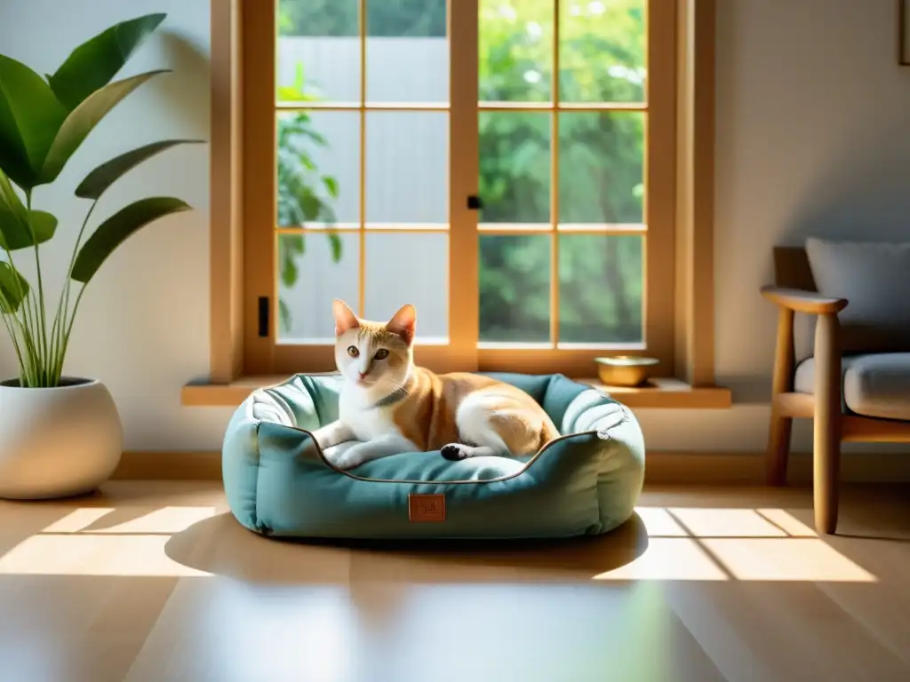 Diseño Feng Shui: una cama para mascota en un espacio sereno y armonioso, con luz natural suave y accesorios cuidadosamente elegidos