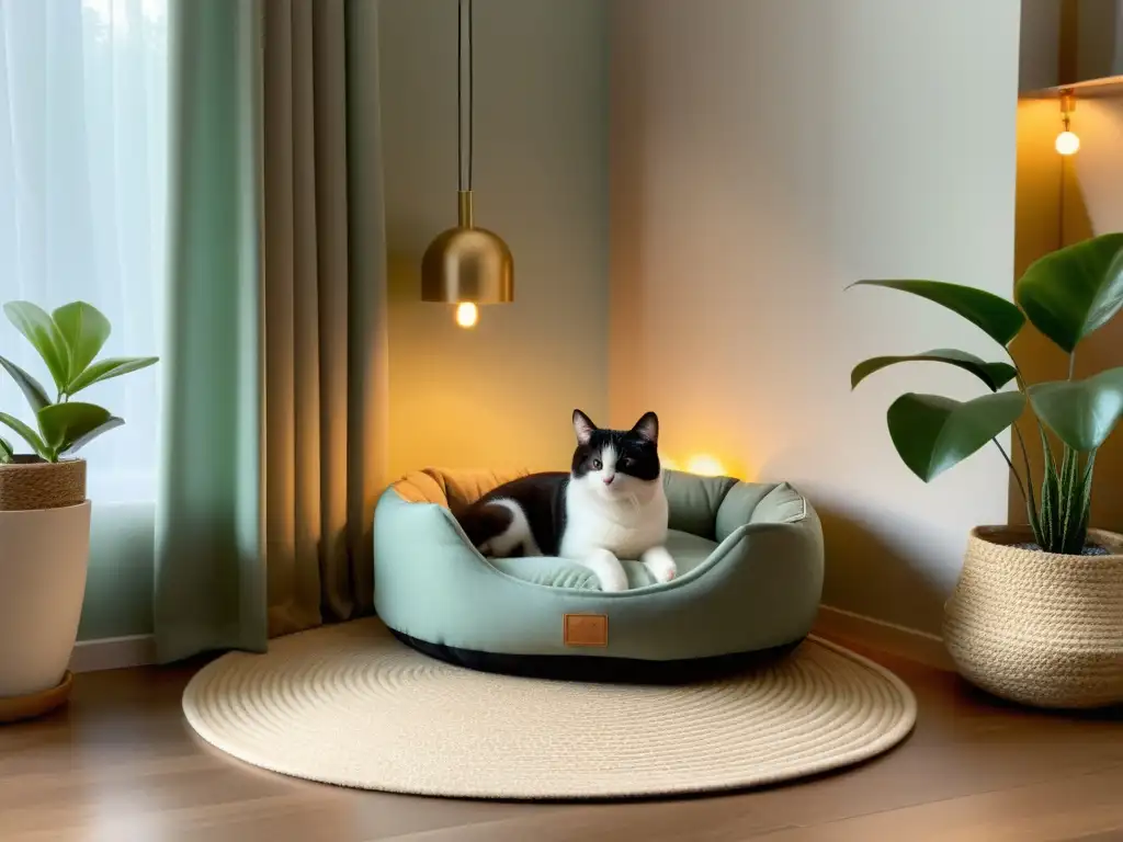 Diseño Feng Shui para cama de mascota en un rincón armonioso y equilibrado, con colores suaves, materiales naturales y ambiente tranquilo