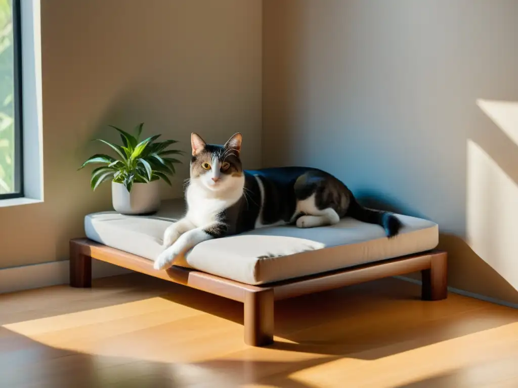 Una cama de mascota en un rincón soleado, equilibrado y sereno, perfecta según el Feng Shui para la cama de mascota