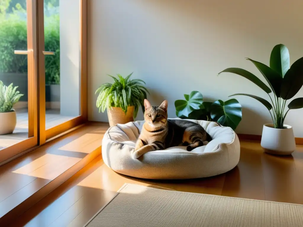 Diseño Feng Shui: cama de mascota en rincón soleado, rodeada de plantas, creando armonía y paz