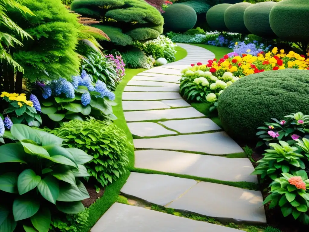 Un camino de piedra serpenteante en un exuberante jardín, con vegetación vibrante y flores coloridas