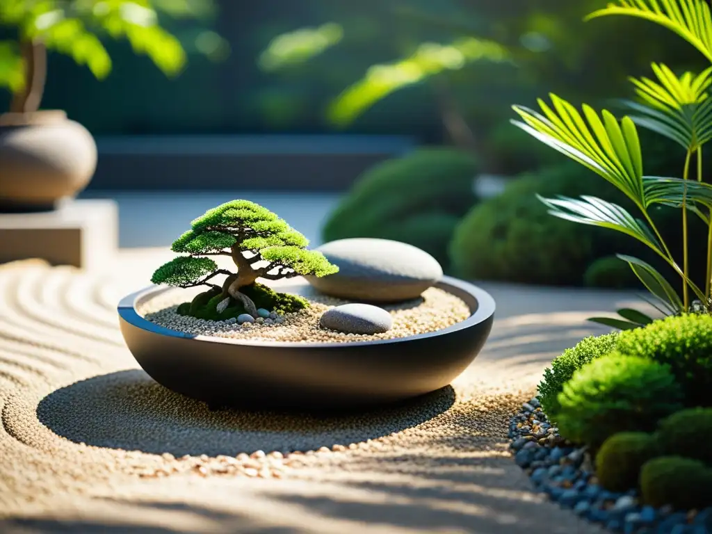 Un jardín zen con caminos de grava cuidadosamente diseñados alrededor de una escultura de piedra, rocas y plantas en miniatura