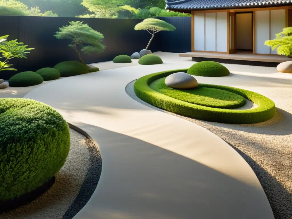 Jardín Zen con caminos de grava y patrones de arena, rodeado de vegetación exuberante