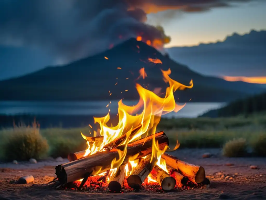 Un campamento de fuego rugiente ilumina la noche con energía y calidez, creando un ambiente acogedor