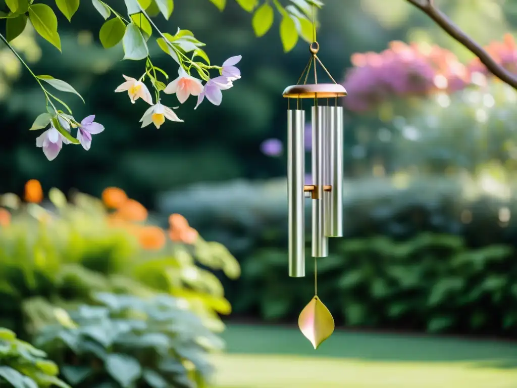 Campana de viento para Feng Shui auditivo en un jardín sereno con flores y follaje vibrante