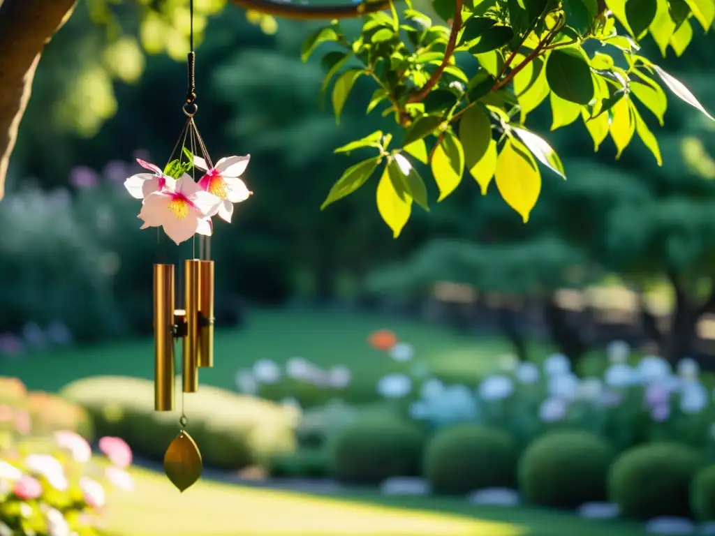 Un jardín zen con campanas de viento Feng Shui que crean una atmósfera tranquila y armoniosa entre la exuberante vegetación y la suave luz del sol