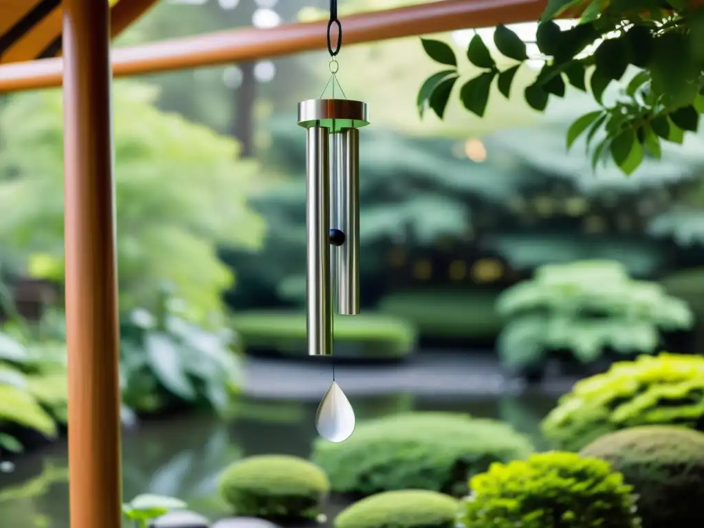 Campanas de viento para Feng Shui auditivo en un jardín japonés sereno con campanas modernas y la luz suave reflejada en el estanque