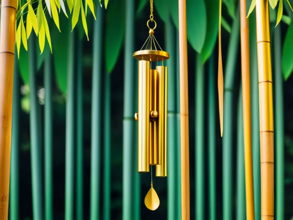 Campanas de viento en Feng Shui: Un elegante y minimalista carillón cuelga frente a un fondo de bambú, bañado por la cálida luz del sol poniente