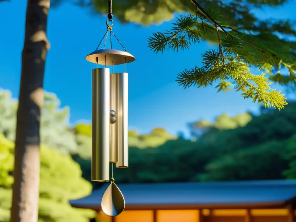 Campanas de viento Feng Shui en jardín japonés sereno con armonía natural