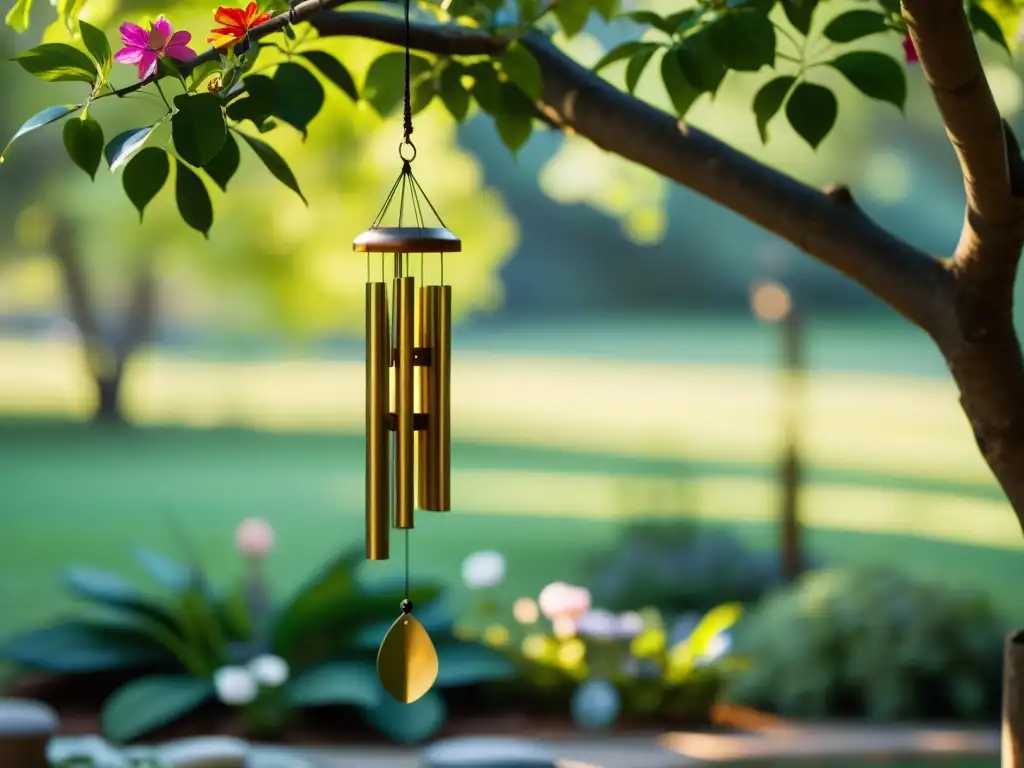 Campanas de viento en Feng Shui: Jardín sereno con campana colgante y suave luz solar entre flores y verdor