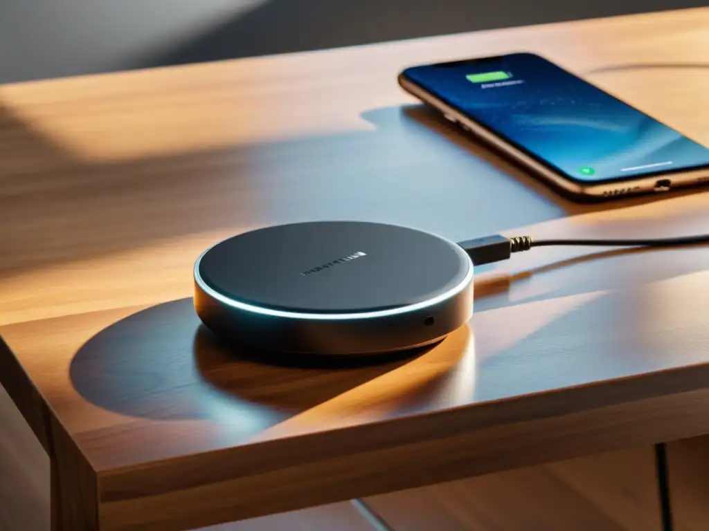 Un cargador inalámbrico negro y elegante sobre un escritorio de madera en un espacio de trabajo sereno y minimalista, reflejando la suave luz natural