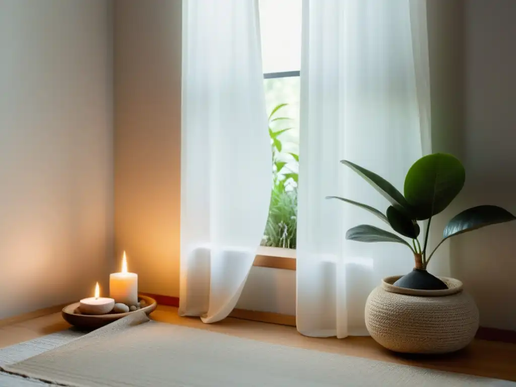 Un rincón de meditación en casa: un altar de madera con incienso, una vela y una piedra sobre un mantel, iluminado por luz natural