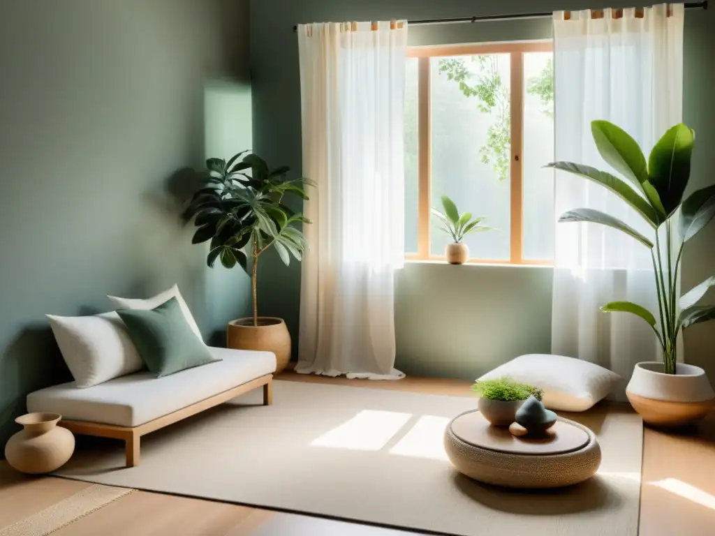 Rincón de meditación en casa con cojines, altar, planta y luz natural relajante