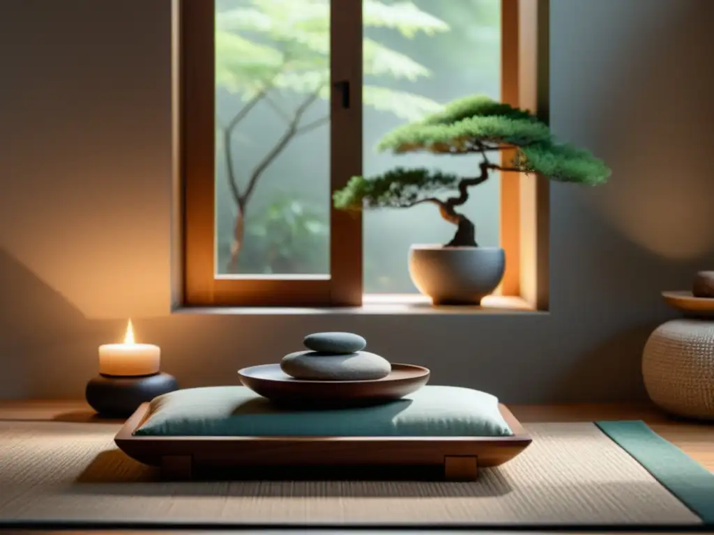 Un rincón de meditación en casa al estilo Feng Shui, con una mesa de madera, incienso, piedras, bonsái y cojín para meditar, bañado en luz suave