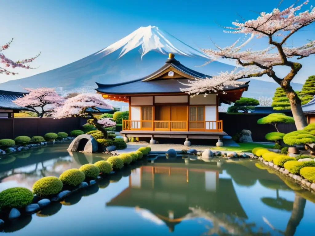 Una casa japonesa tradicional rodeada de jardín, bonsáis y un estanque con puente y farol de piedra