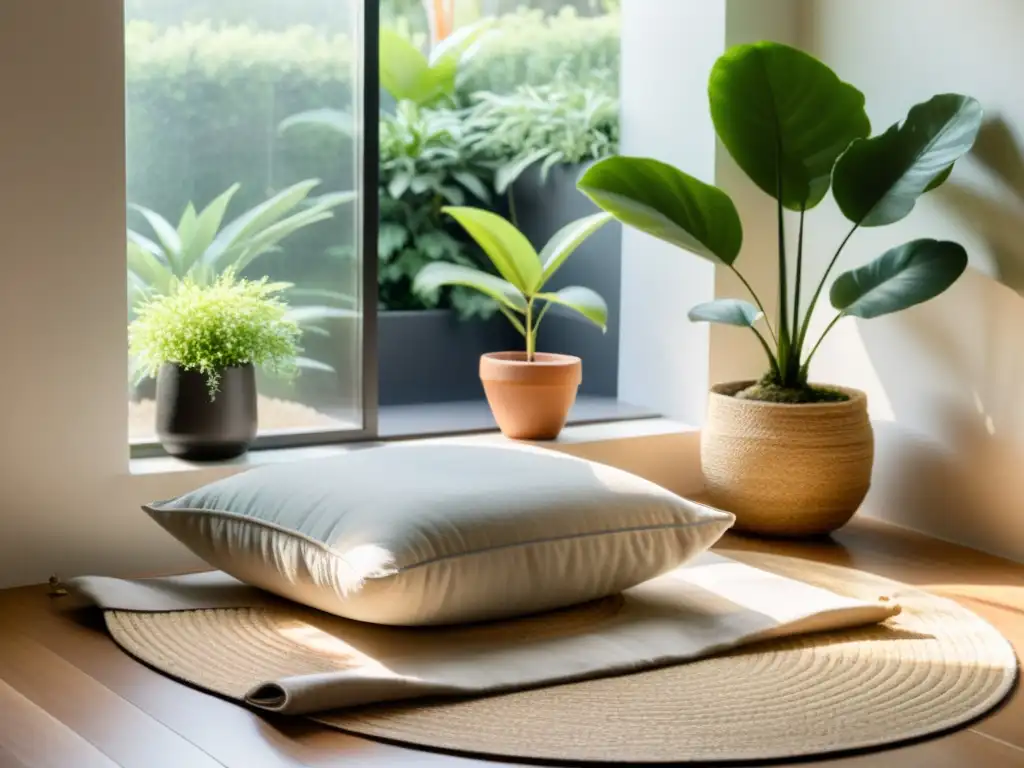 Un rincón de meditación en casa con cojín y plantas verdes, iluminado por luz natural