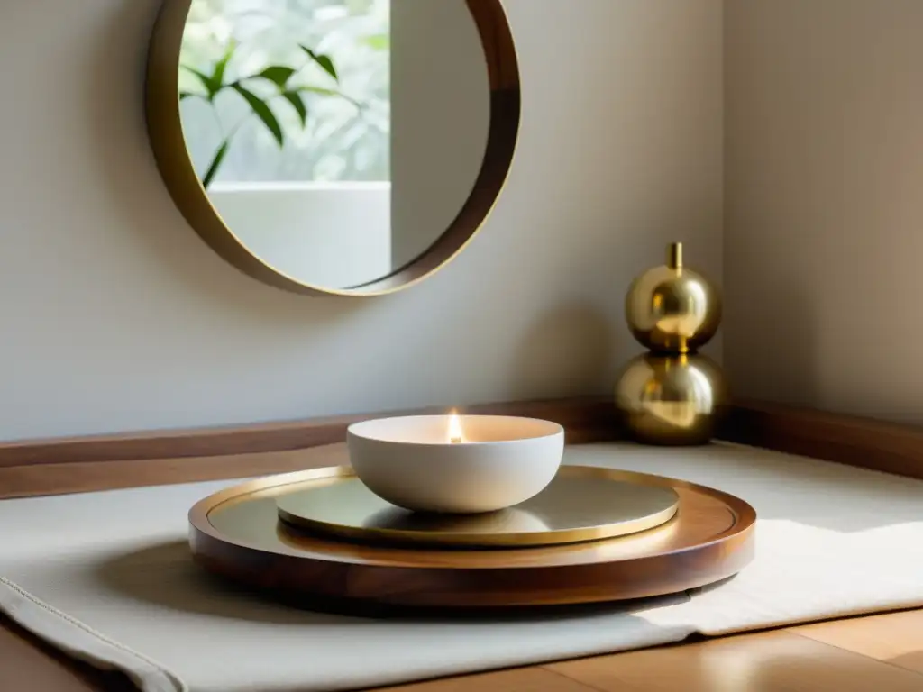 Rincón de meditación en casa con plataforma de madera, cuenco cantor de bronce y espejo circular