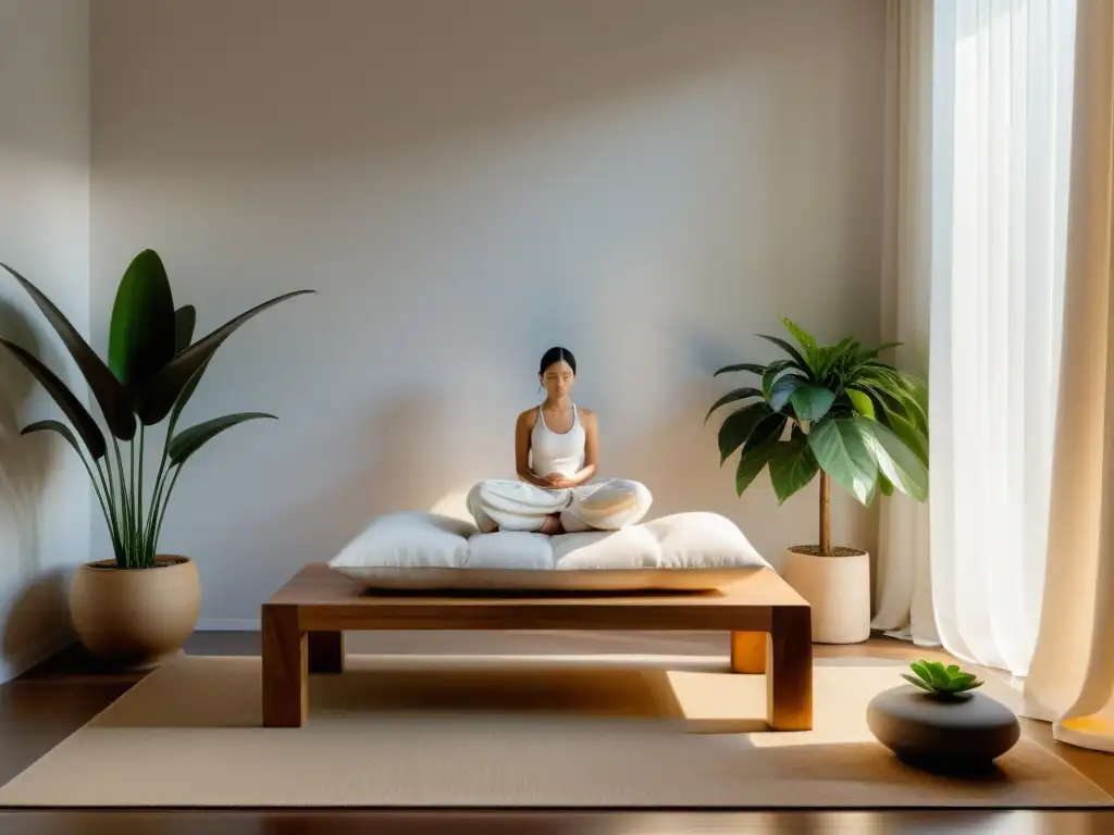 Rincón de meditación en casa con plataforma de madera, cojín crema, plantas y fuente, iluminado suavemente por luz natural