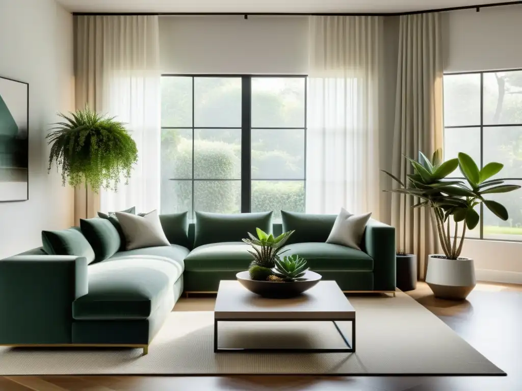 Feng Shui con suculentas en casa: un salón minimalista sereno con plantas geométricas, luz suave y armonía orgánica