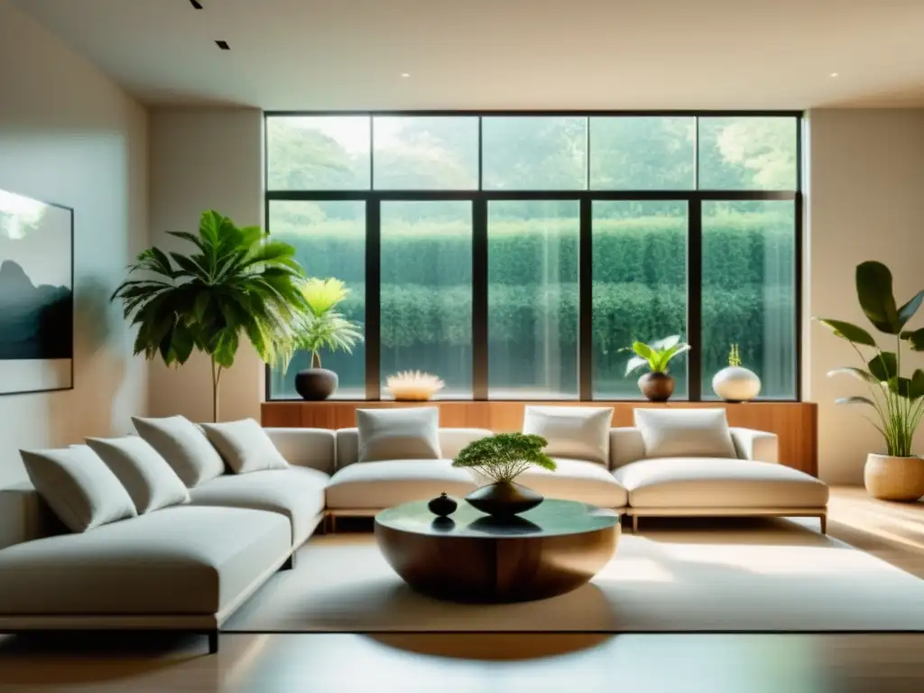 Feng Shui para casas autónomas: Sala minimalista con decoración armoniosa y luz natural entrando por amplias ventanas