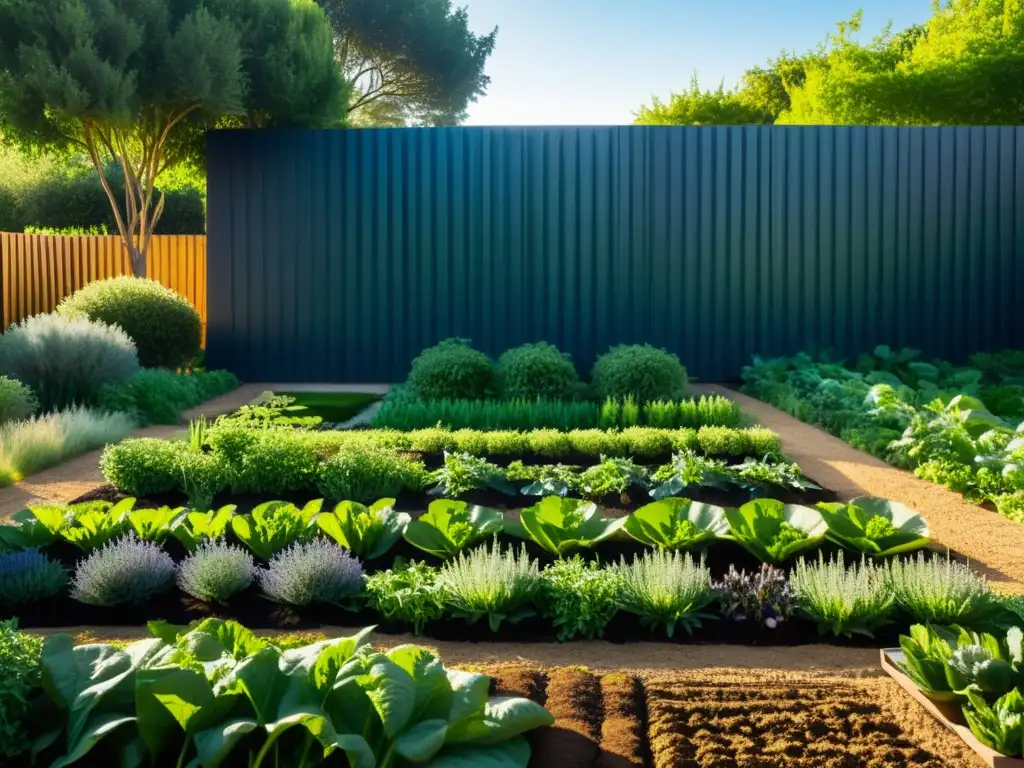 Un jardín casero armonioso y equilibrado, con hortalizas y hierbas vibrantes, luz dorada y elementos de Feng Shui