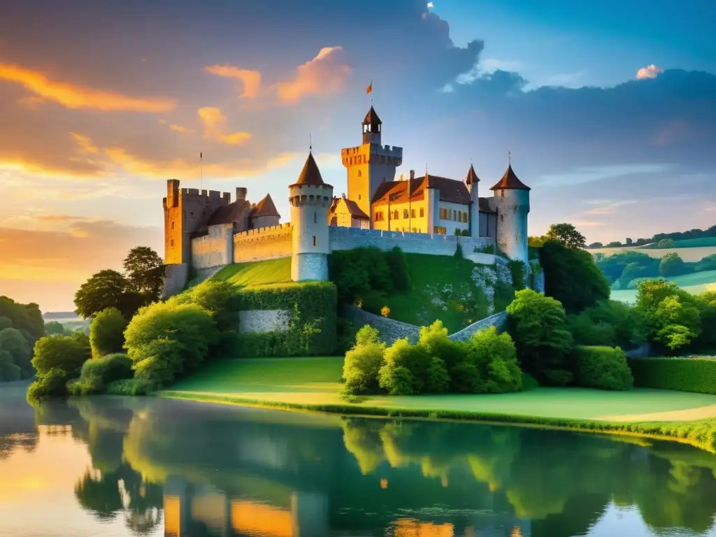 Castillo medieval en colina, rodeado de naturaleza, reflejando el atardecer