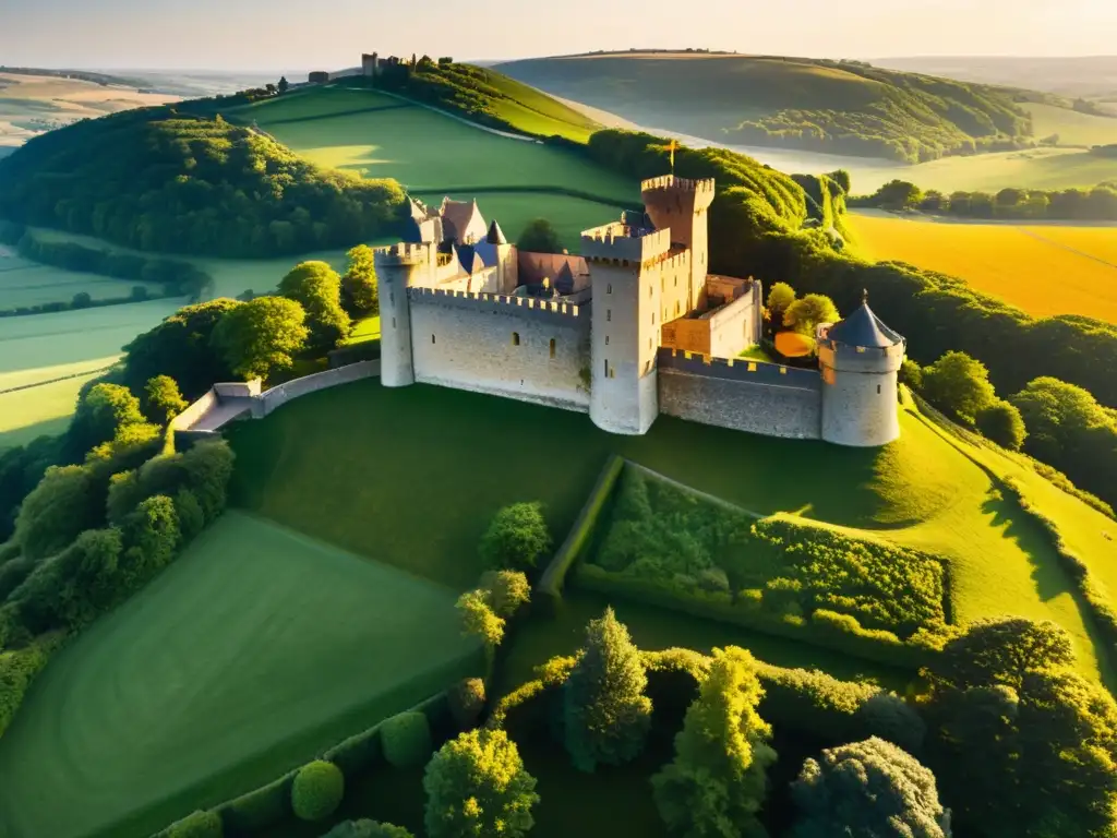 Un castillo medieval rodeado de naturaleza exuberante, bañado por la cálida luz del sol