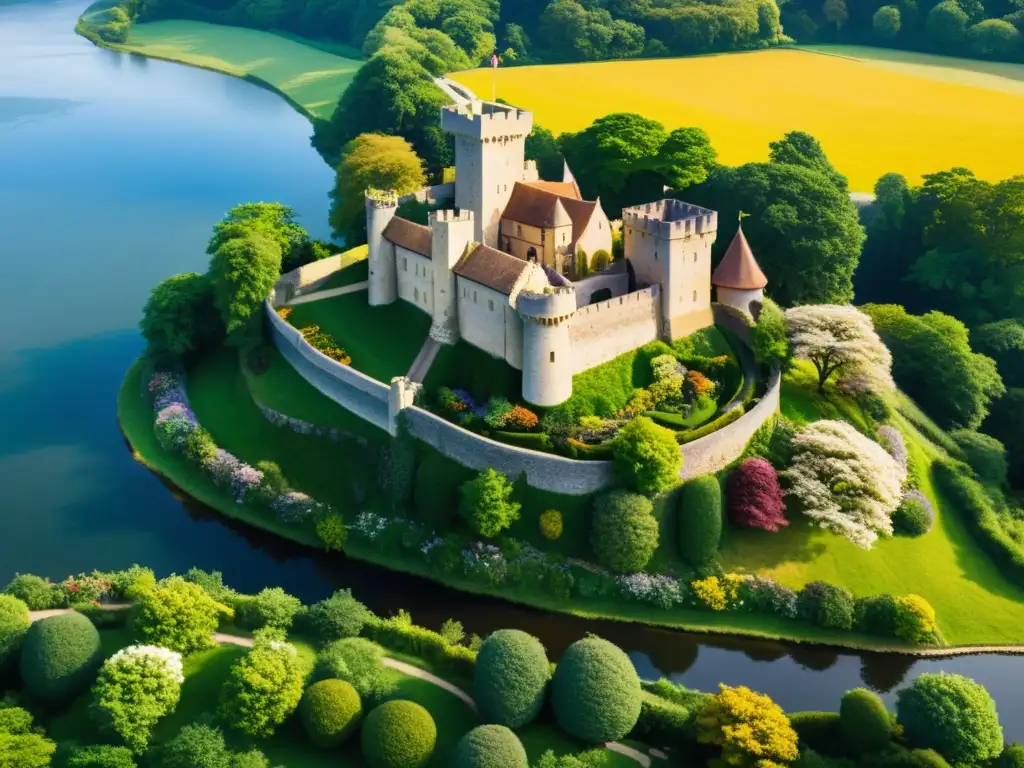 Feng Shui en castillos medievales: Castillo medieval bien conservado en una colina verde con río sereno y jardines armoniosos