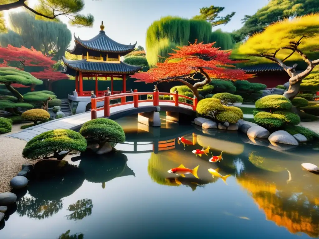 Un jardín chino tradicional con bonsáis, koi y un estanque sereno, irradiando calma y armonía, ideal para Linajes del Feng Shui