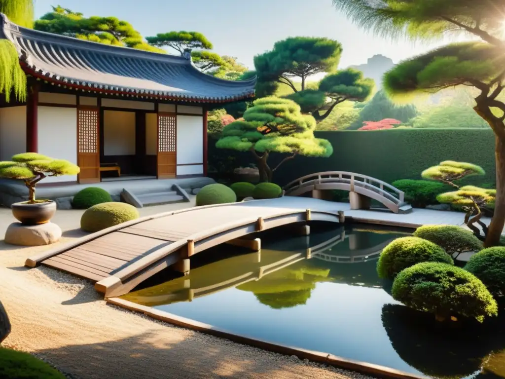 Jardín chino tradicional con bonsáis, puentes y estanque, reflejando el origen del Feng Shui en China