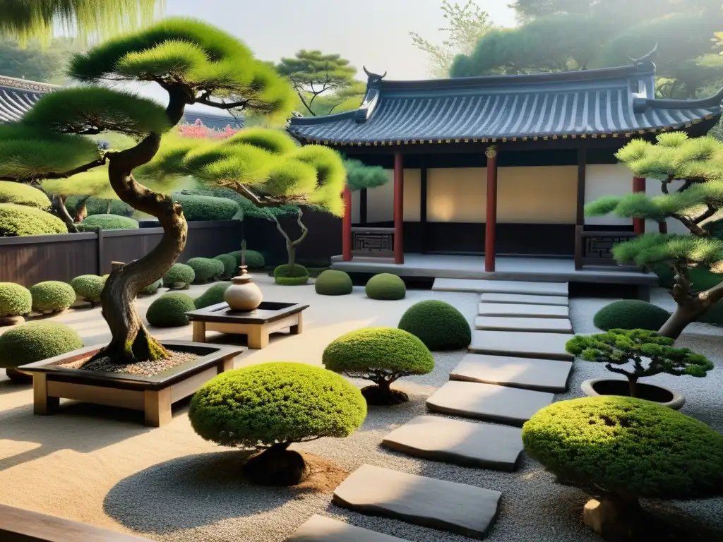 Un jardín chino tradicional con elementos de Feng Shui y resiliencia climática