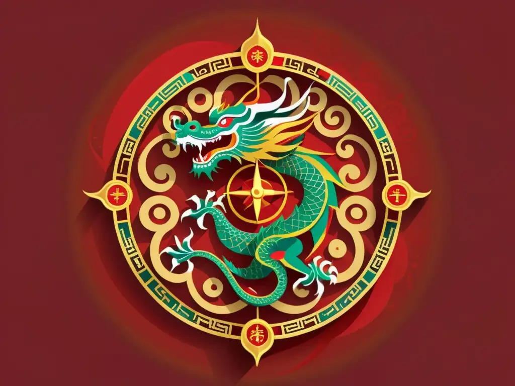 Un dragón chino tradicional enroscado alrededor de una brújula Feng Shui roja y dorada, con detalles intrincados y movimiento fluido