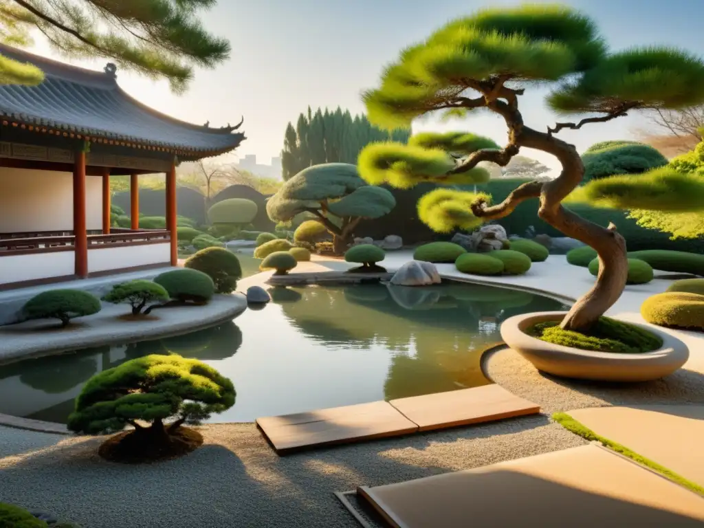 Un jardín chino tradicional con grava, estanque, bonsáis y sombras suaves al atardecer, evocando los Orígenes del Feng Shui milenario