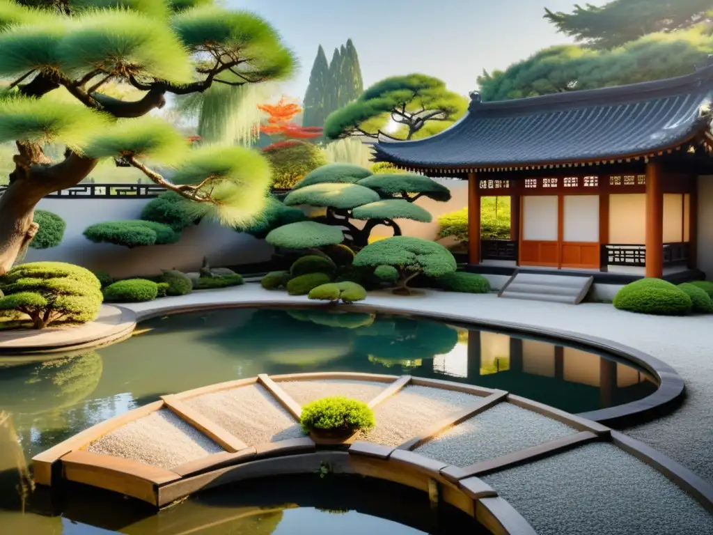 Jardín chino tradicional con paisaje sereno, estanque de peces koi, bonsáis y pagoda