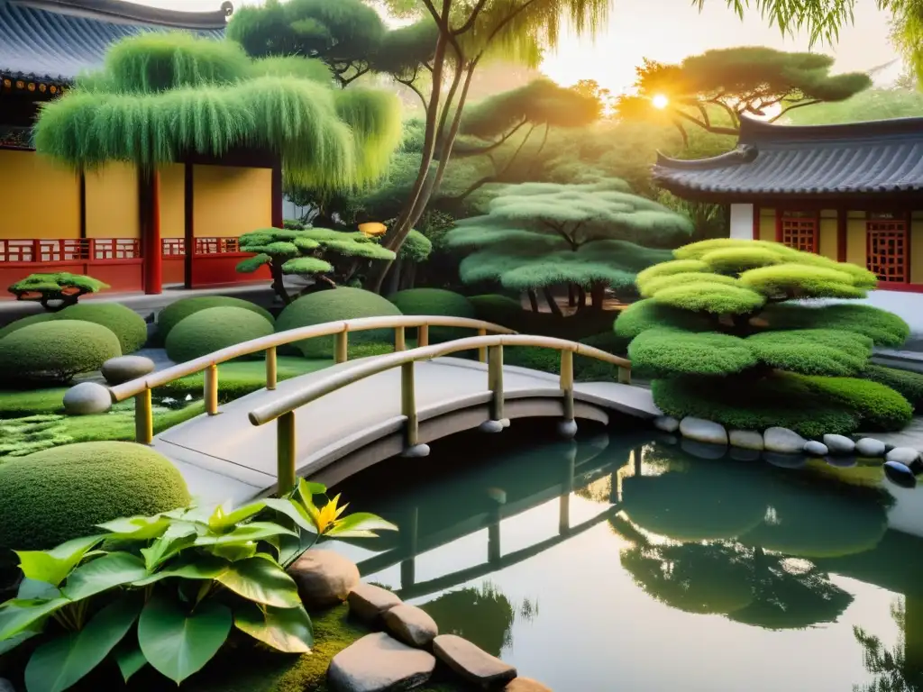 Un jardín chino tradicional con plantas cuidadosamente arregladas, un estanque de peces koi y un puente de piedra