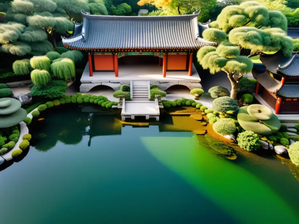 Un jardín chino tradicional con rocas, agua, árboles y arquitectura antigua, fusionando arte, ciencia y Feng Shui