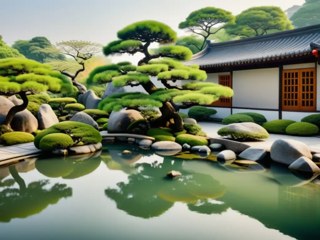 Jardín chino tradicional con rocas, estanque y bonsáis en armonía, reflejando equilibrio y paz