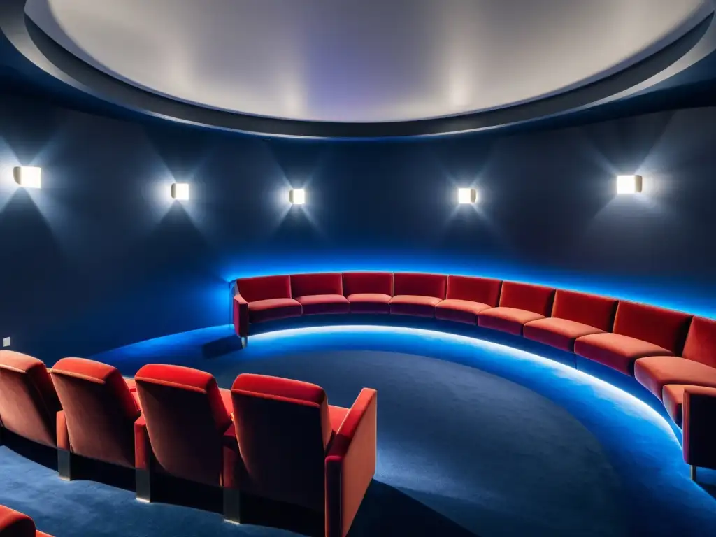 Un cine minimalista con asientos de terciopelo rojo en curva, pantalla en blanco, iluminación ambiental cálida y un toque de Feng Shui en películas inspiradoras