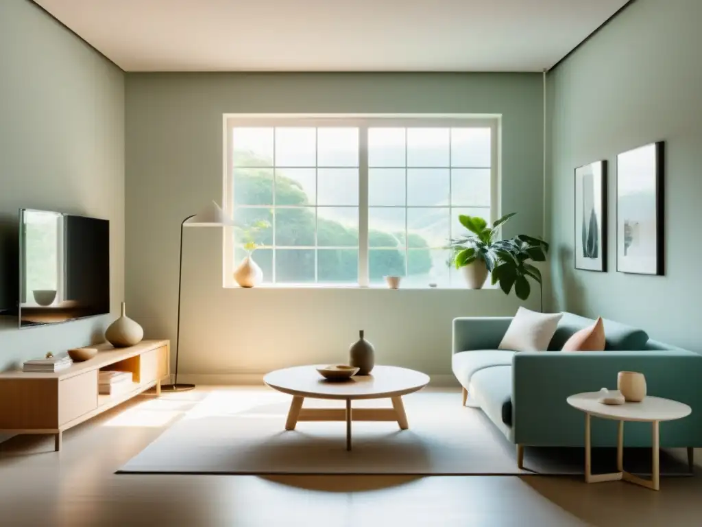 Escenografía cinematográfica minimalista con diseño Feng Shui: armonía y equilibrio en colores suaves y luz natural