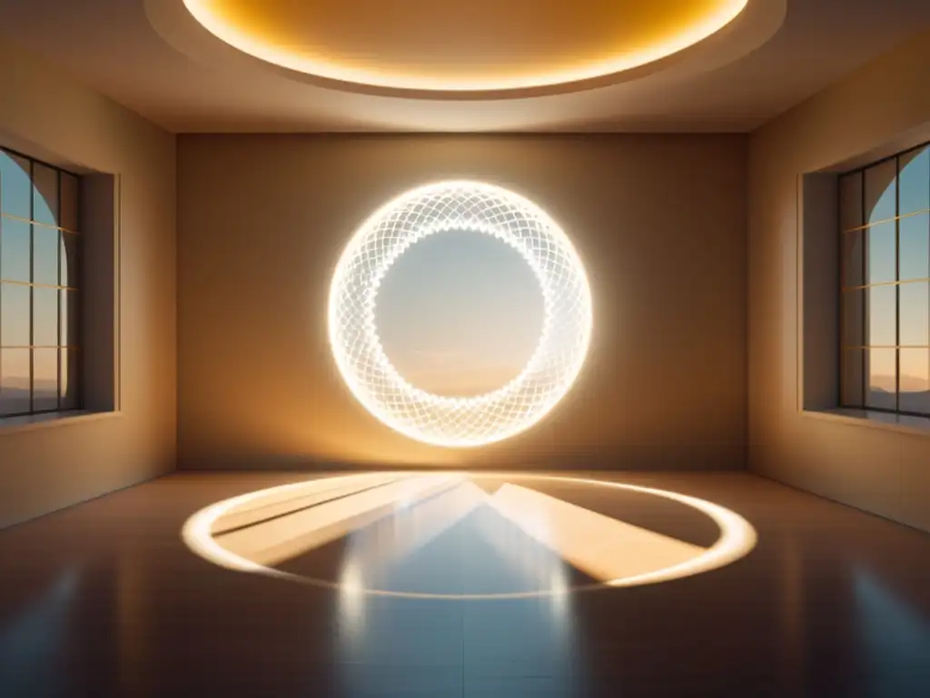 Habitación serena con círculo de energía Un círculo de protección energética en un espacio sereno y luminoso, con patrones geométricos y una atmósfera tranquila
