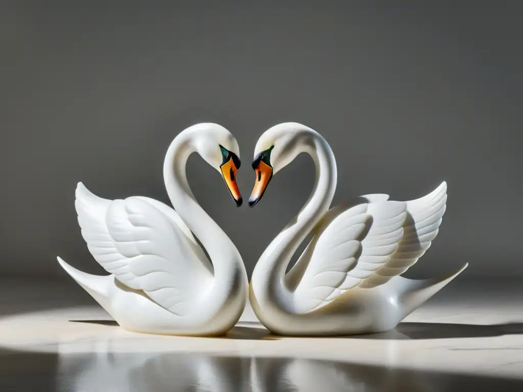 Escultura Feng Shui amor hogar: Dos cisnes de mármol blanco entrelazados, creando un corazón con sus cuellos