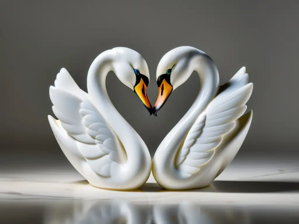 Escultura Feng Shui amor hogar: Dos cisnes entrelazados en mármol blanco crean un corazón con sus cuellos